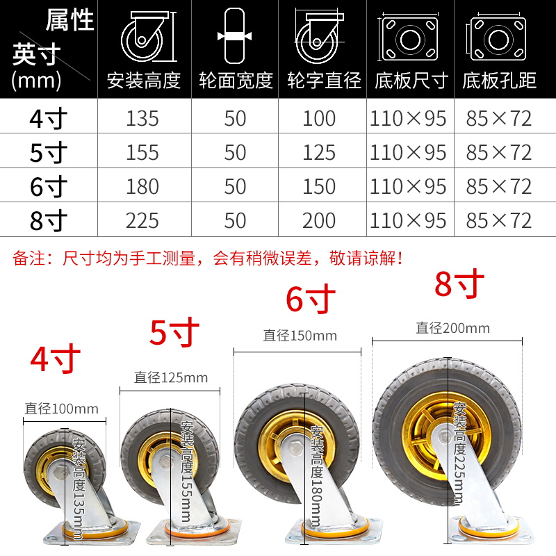 6寸万轮重4寸5寸8寸橡型向胶静音脚轮新源脚轮带刹车向轮耐磨工业