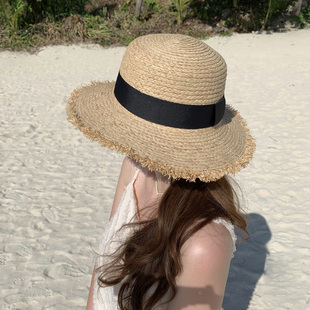 大帽檐拉菲草飘带草帽女款夏海边沙滩帽防晒遮阳帽太阳帽度沙滩帽