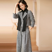 Xinyuquan autumn and winter new slim wide-leg pants suit fashion high waist woolen ladies stitching women's two-piece trend
