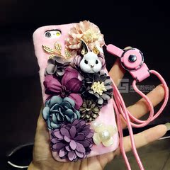 新款苹果7plus手机壳奢华女款立体花朵兔子iPhone6保护套挂绳6s潮