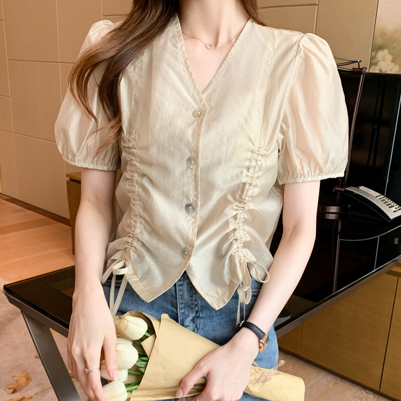褶皱雪纺衫短袖女夏2021新款V领抽绳修身小衫法士短款设计感上衣