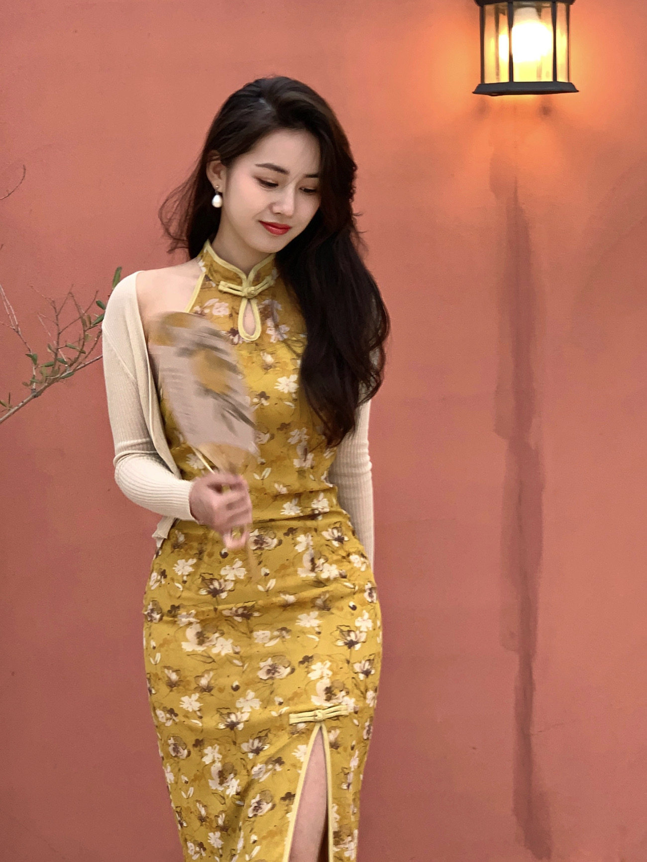 章蜜糖 日出梨花0温柔复古婉约气质日常花改良旗袍削肩开叉连衣裙