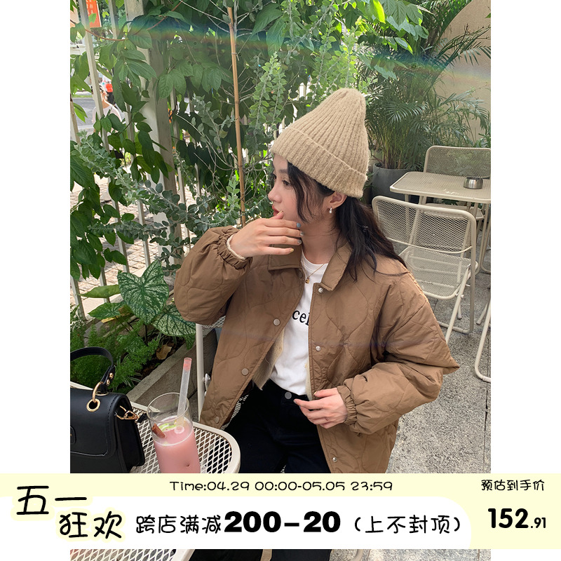 馨帮帮sinbounboun 棉衣设计感2024新款秋冬复古咖色菱格棉服女