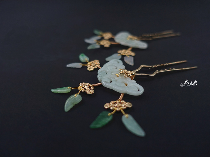 翠叶 原创天然翡翠玉石多宝小钗颤簪子 宋制祥云纹复古风侧簪发钗