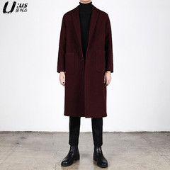 韩版秋冬季新款男士毛呢大衣中长款呢子大衣男宽松酒红色羊绒外套