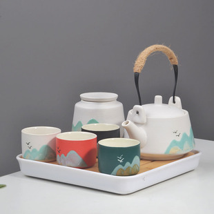 整套手绘一壶四杯功夫茶具套装家用山水茶杯日式茶叶罐现代提梁壶
