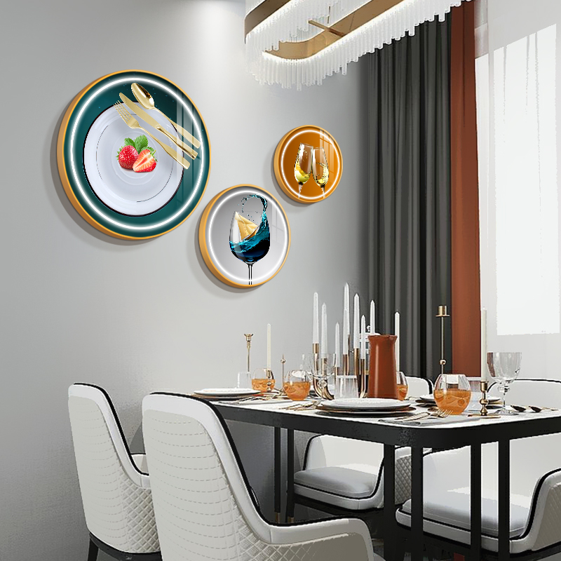 餐厅装饰画轻奢风酒杯挂画创意餐厅背景墙画圆形三联餐厅墙面装饰