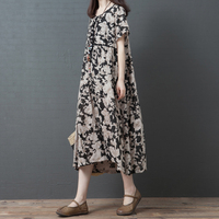 十暮棉女夏装新品2019韩版宽松大码女装文艺印花棉麻中长款连衣裙
