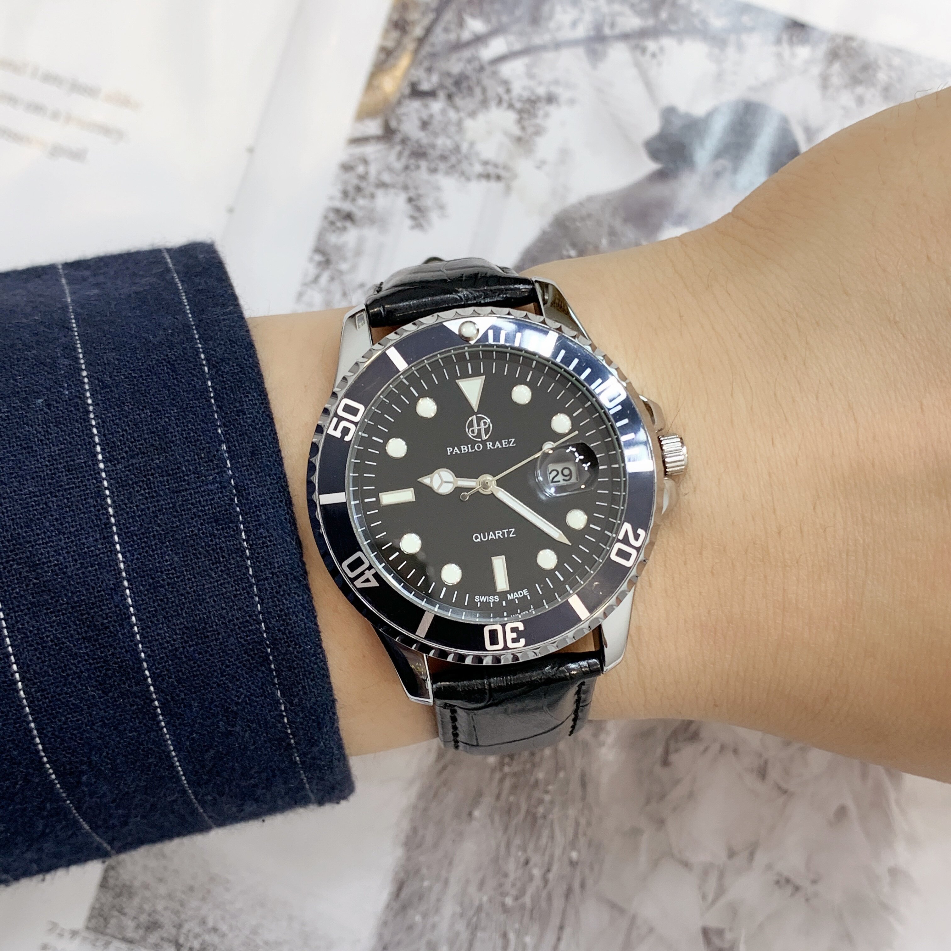 pablo raez黑色防水男士石英手表商务非机械表夜光时尚潮流包邮