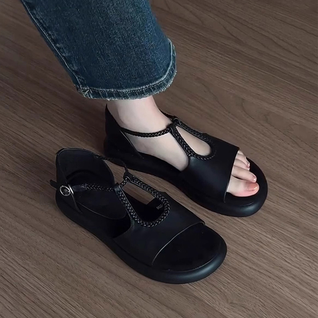羊皮版~复古小众设计软底凉鞋女气质真皮百搭编织一字带扣罗马鞋
