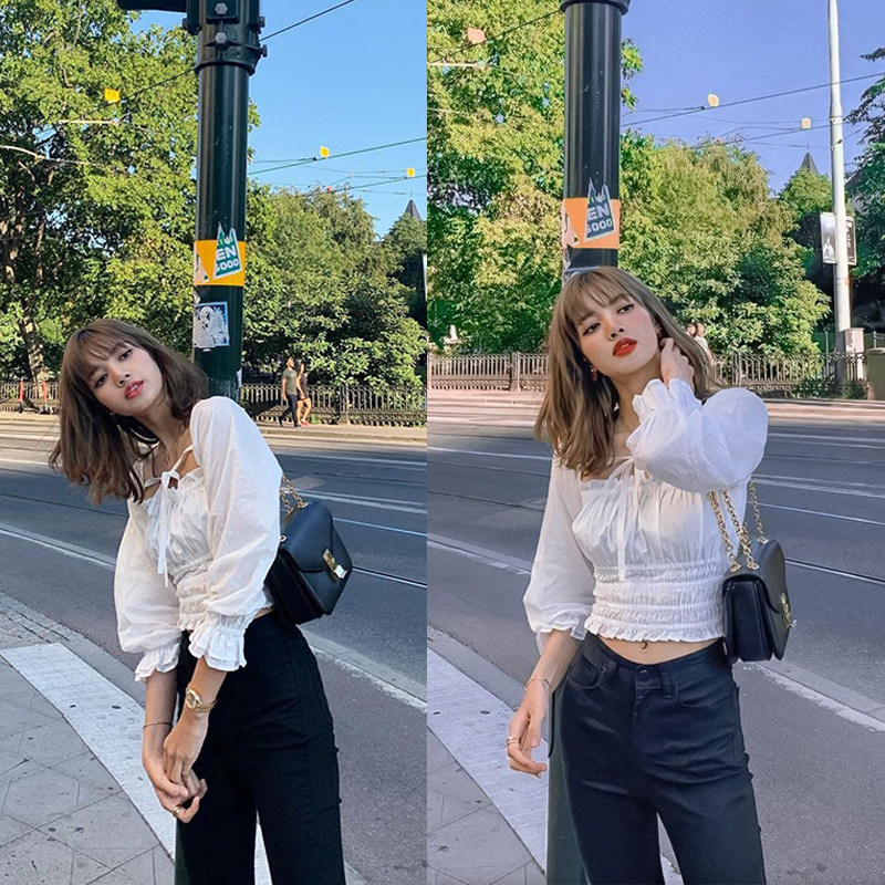 blackpink lisa同款白色方领一字领衬衫法式复古亚麻上衣休闲衬衣