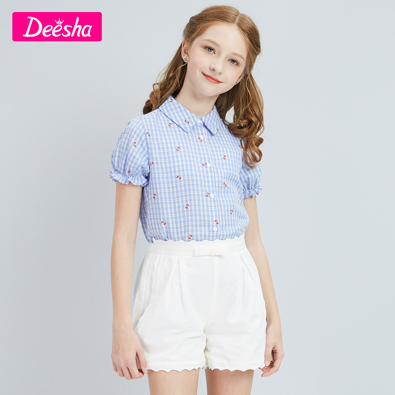 笛莎女童格子衬衣短袖纯棉夏季大童公主风夏装儿童衬衫娃娃领上衣