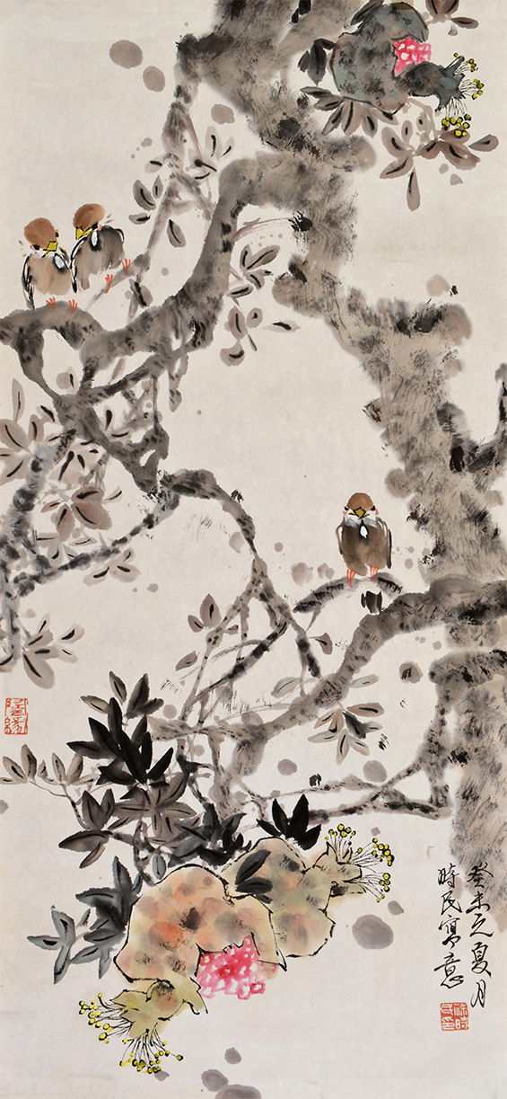 梁时民《花鸟》纸本镜心