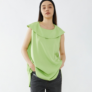 StudioFun设计感大翻领背心女夏季垂感白色绿色圆领宽松上衣外穿