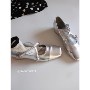 「澜柜」法式方头银色玛丽珍鞋女低跟芭蕾交叉扣带粗跟少女单鞋