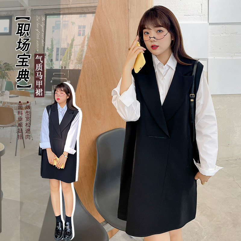 7515 CONG微胖大码韩版复古西服背心裙加宽松马甲连衣裙显瘦-BFD