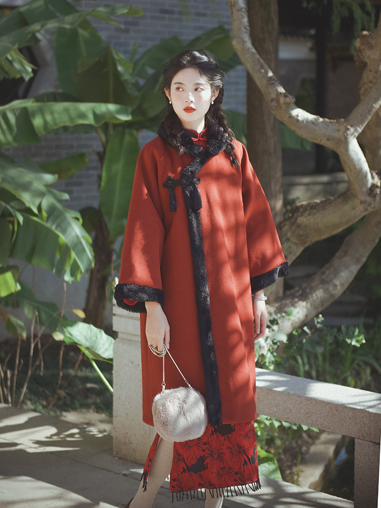 南风谷《京华旧梦》羊绒复古旗袍大衣冬加绒民国风毛呢红色外套女