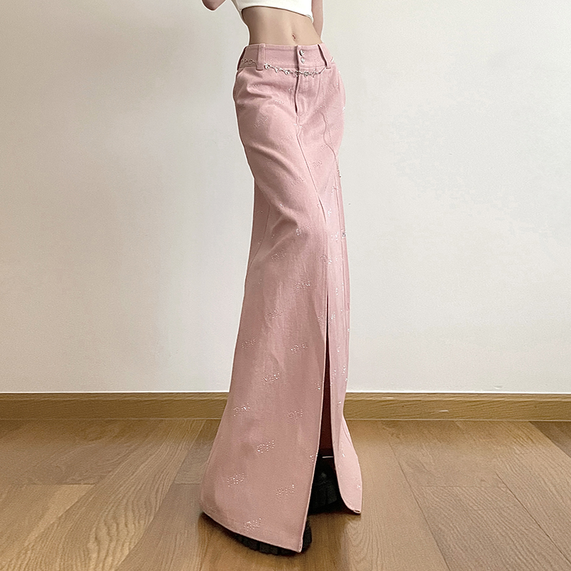 gagaopt设计感两粒扣开叉半身裙高腰显瘦直筒裙春季减龄粉色长裙