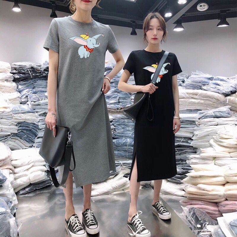 夏装中长款T恤女开叉连衣裙短袖休闲百搭过膝打底小黑长裙子显瘦