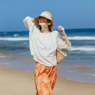 绽放旅行女装176朵/白色砂洗亚麻上衣夏季五分灯笼袖宽松休闲衬衫