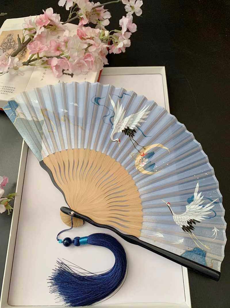 古风折扇子女仙鹤绿色白色折叠小竹扇表演旗袍汉服便携中国风复古