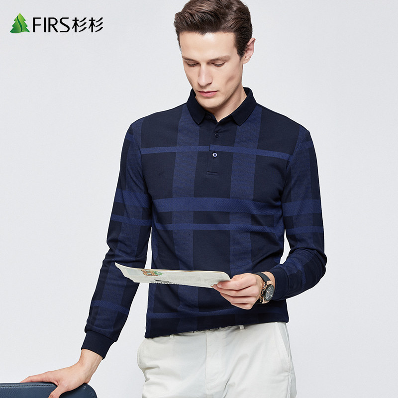 杉杉男装格纹印花长袖t恤男2021秋季新款深色休闲商务polo衫