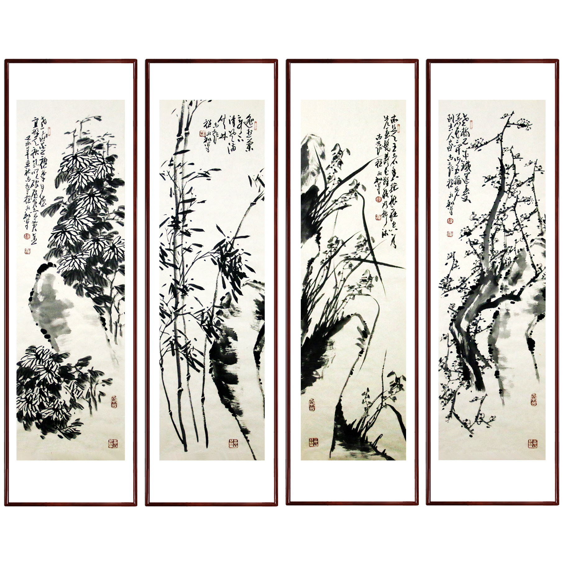 程永利《梅兰竹菊》当代著名书画家 精品四条屏 名家真迹 有授权