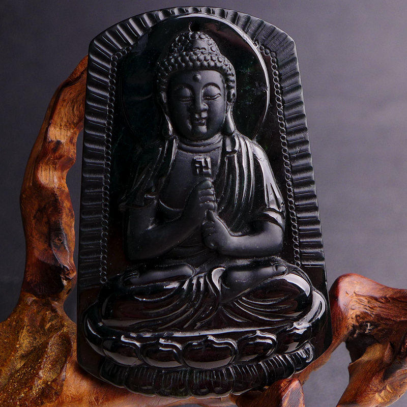 高端亮黑观音菩萨 天然老坑a货翡翠正装观音墨翠吊坠 47.29g