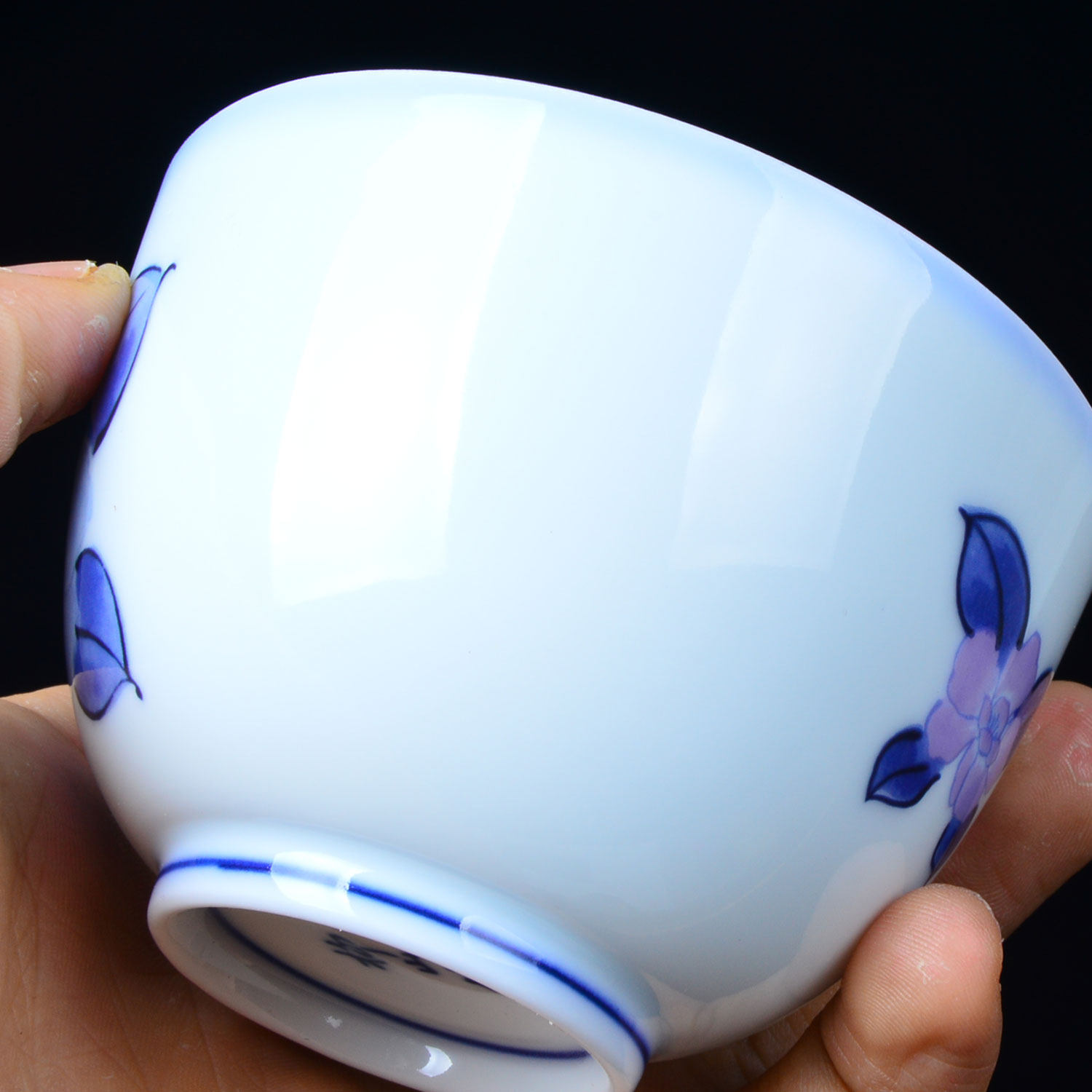 日本回流 白瓷薄胎透光青花纹花茶碗 带落款 老物件0427