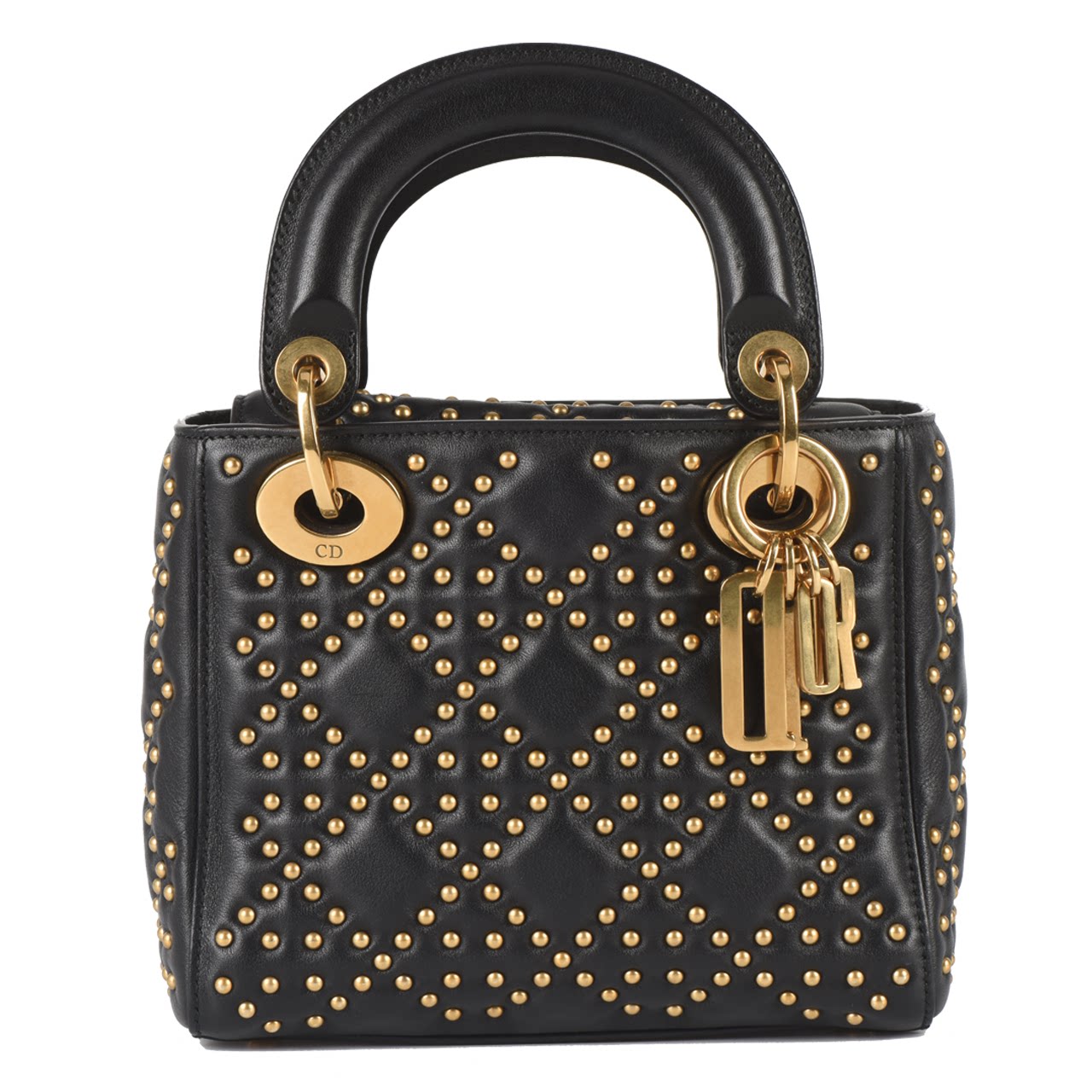 [9.5新]迪奥dior女士黑羊皮铆钉三格金扣两用包lady系列19003408