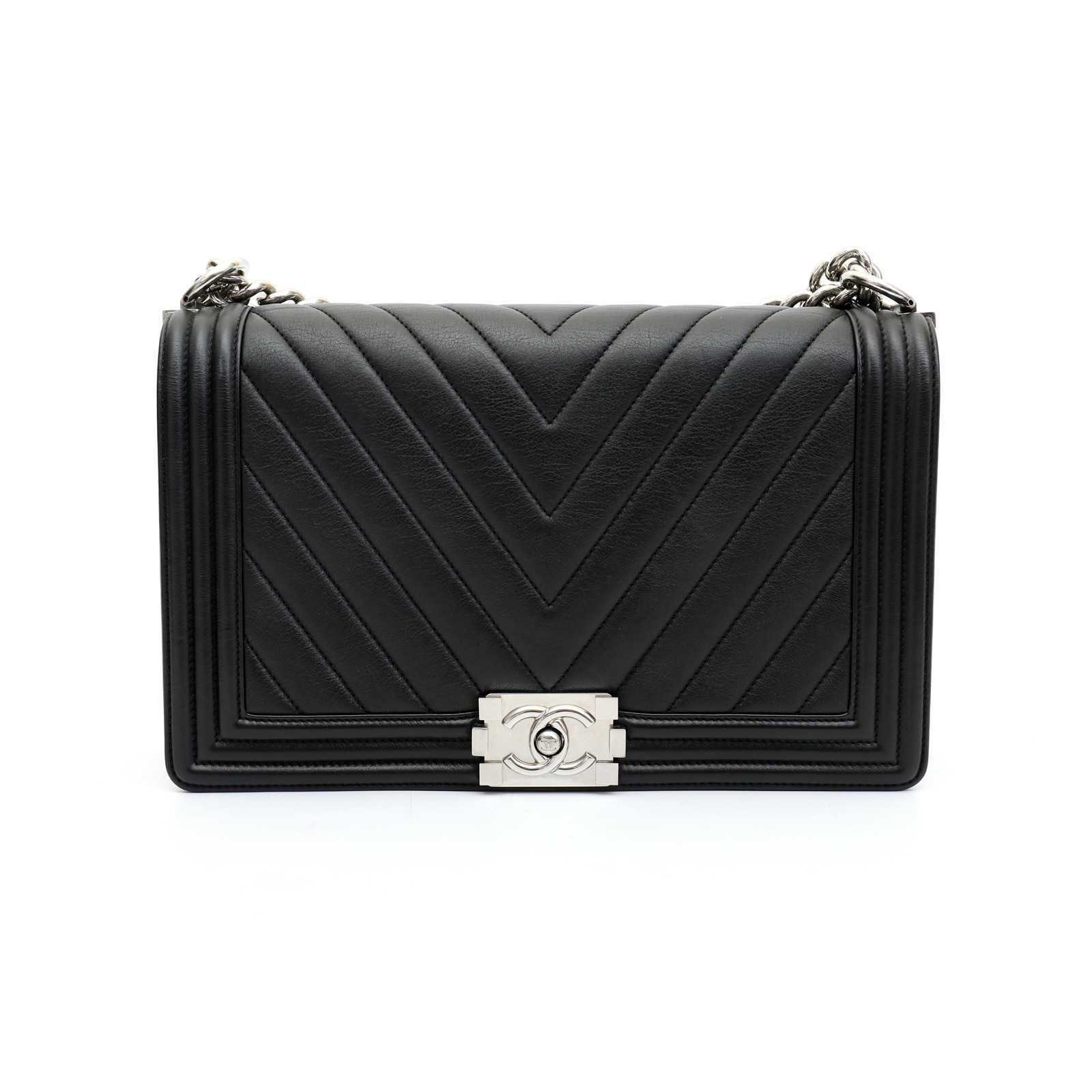 【9.5新】香奈儿chanel女士黑色leboy大号v纹黑银单肩包63045