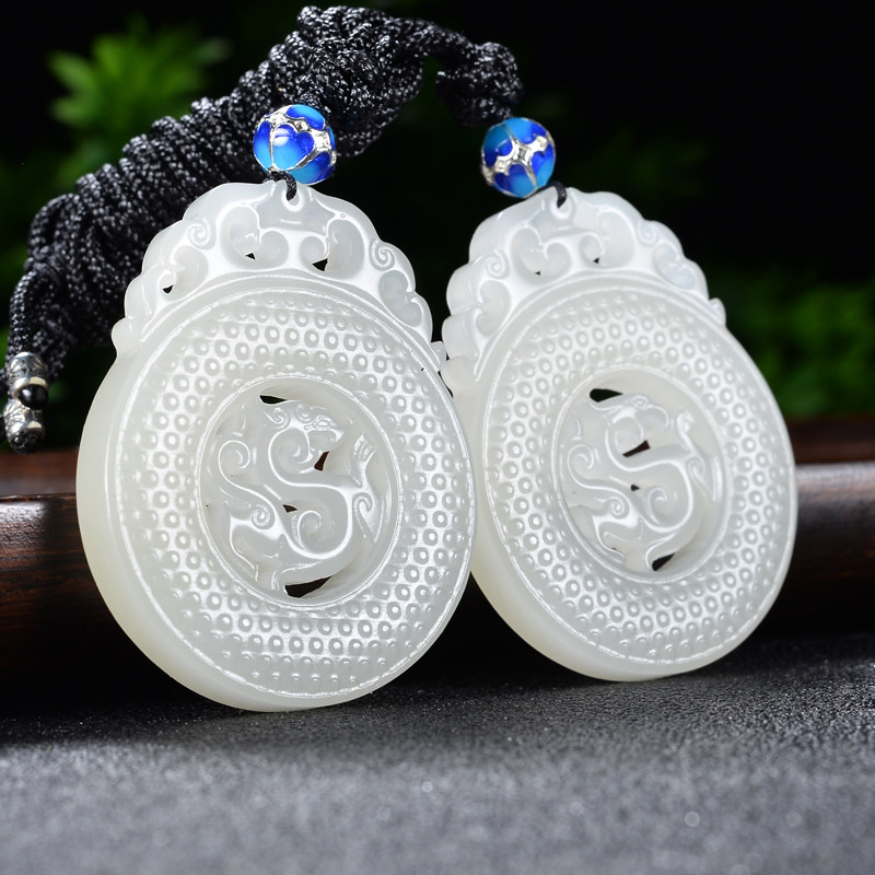 龙凤呈祥 和田玉 仿古 龙凤对牌 94.1211克带绳