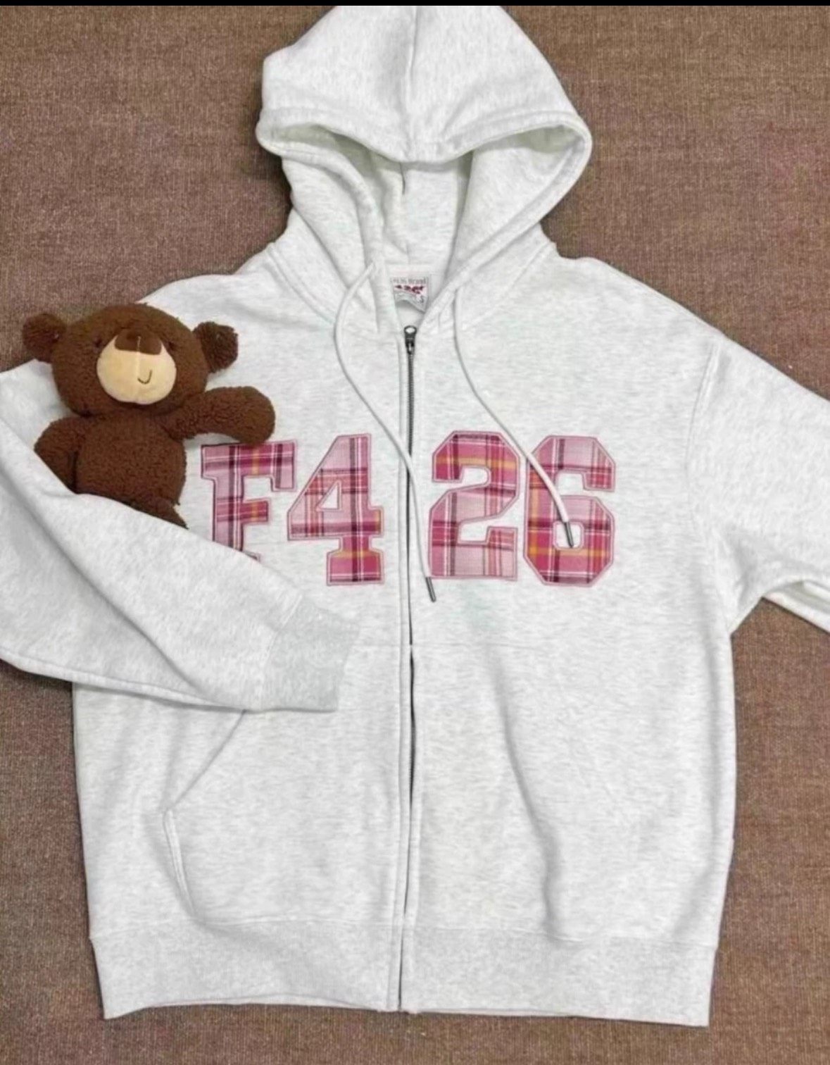 F426国潮牌春季情侣嘻哈宽松大logo格子贴布绣卫衣外套赵露思