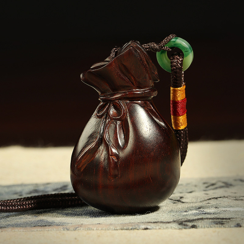 【1元起拍】小叶紫檀金钱福袋手把件 红木钱袋工艺品