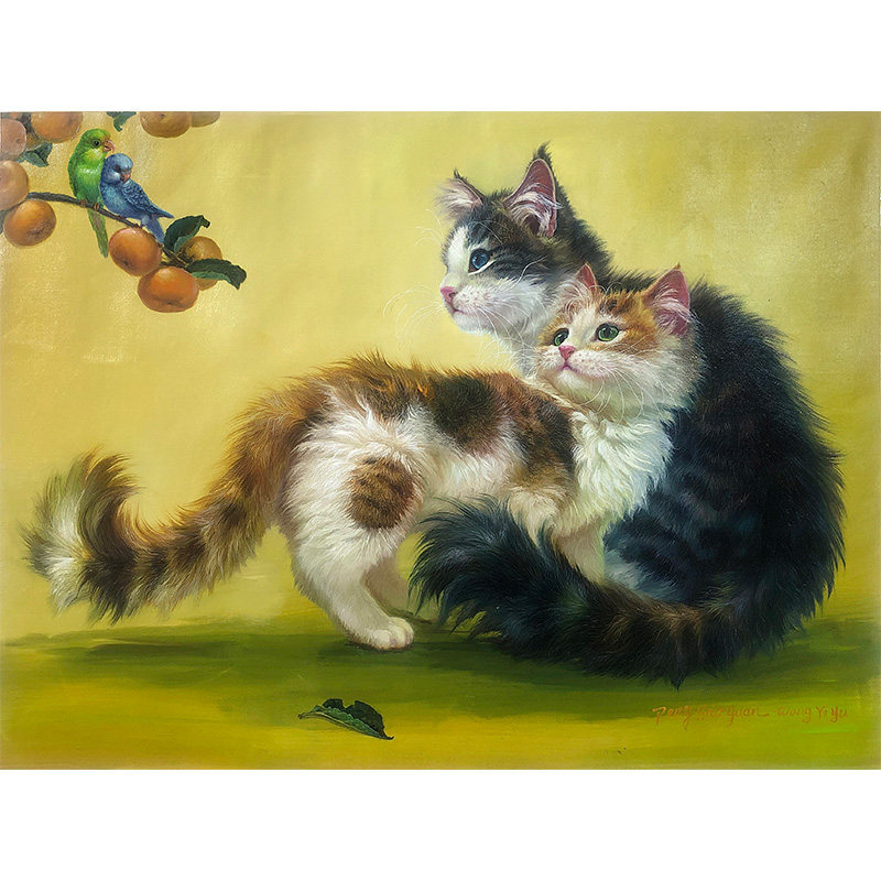 中国美术家协会员 彭浩原-王一羽 《双喜临门》 布面油画动物 猫