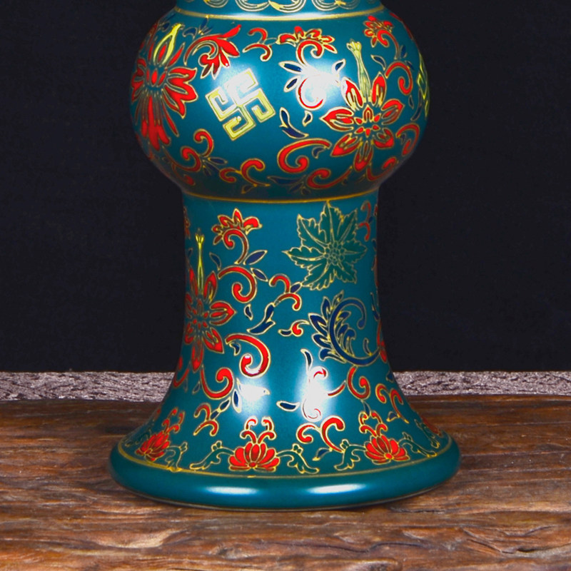 捡漏 景德镇仿古墨蓝加彩小号花箍瓶865