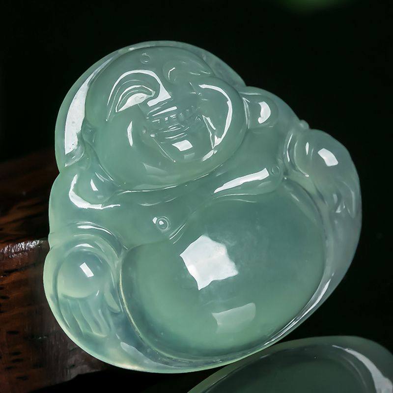 玉佛公拍卖天然a货翡翠冰糯种浅绿开怀大肚笑脸佛公吊坠13.98g