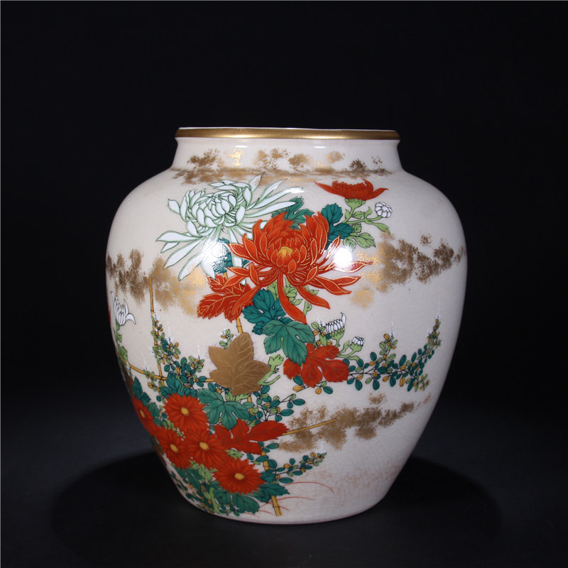 【日本回流-瓷器】九谷烧荣山作描金花罐家居收藏摆件kl2263