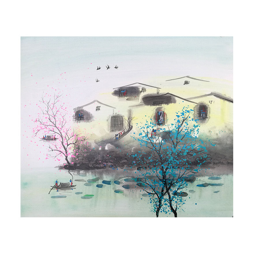 纯手绘油画现代简约新中式江南水乡装饰画珍品捡漏 101305