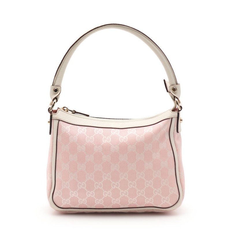 [无保留价9.0新]古驰gucci女士gg帆布单肩包真皮粉色白色430521