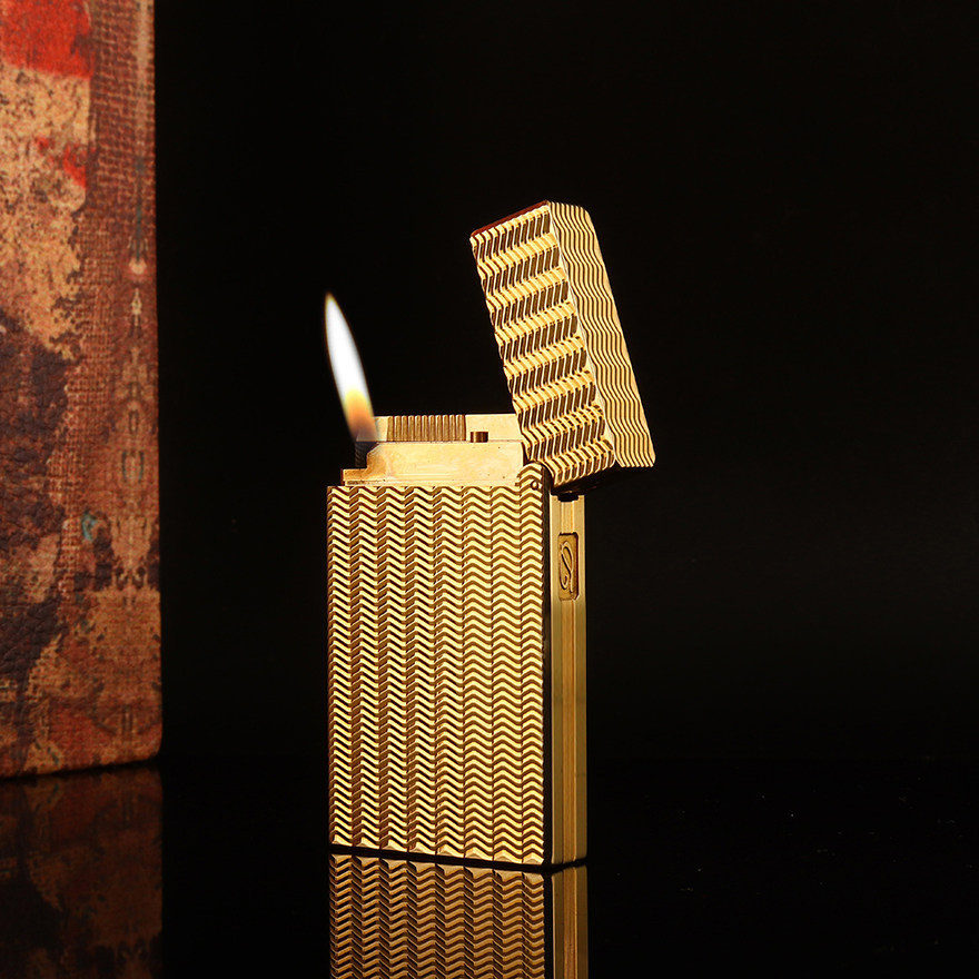 [9.5新]法国都彭超薄ld系列鱼骨纹金色斜火两用古董气体打火机