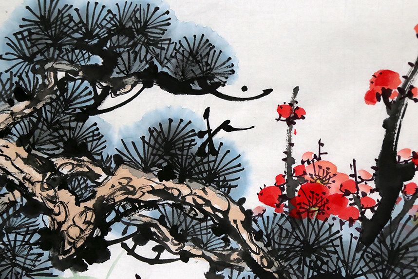 书画拍卖李可染再传弟子邓顺成《岁寒三友图》省美协梅花国画4219