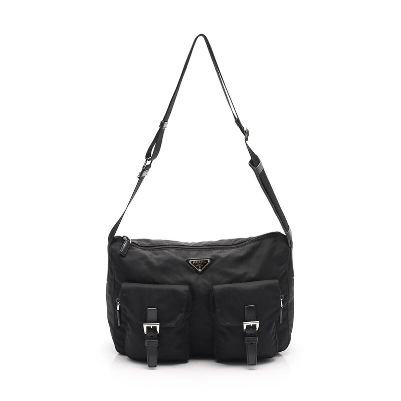 [无保留价9.0新]普拉达prada女士单肩包邮差包尼龙真皮黑色414835
