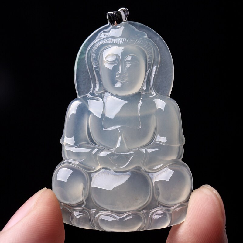 18k金扣头翡翠a货老坑冰种浅绿观音 10.70克