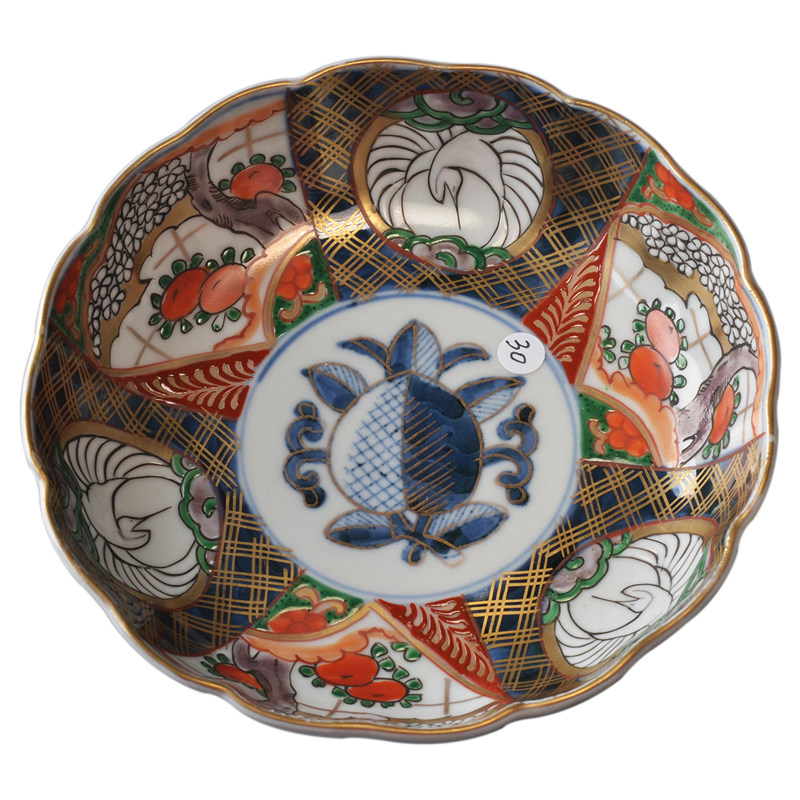 日本回流古伊万里瓷 青花五彩描金仙鹤瑞果纹瓷盘壶承茶盘 编31