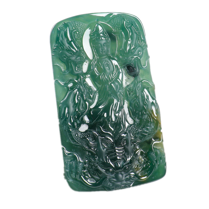 天然翡翠a货冰糯种水润靓丽精雕蓝水九龙观音菩萨吊坠 56.24g