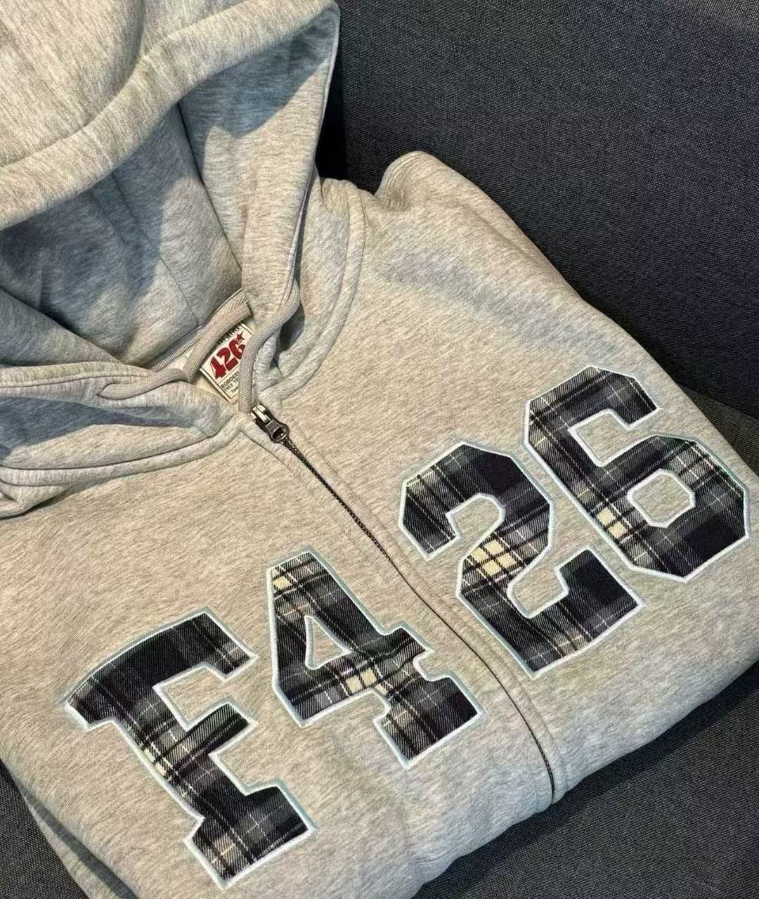 F426国潮牌春季情侣嘻哈宽松大logo格子贴布绣卫衣外套赵露思