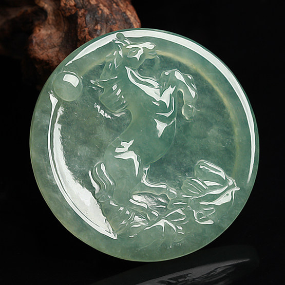 天然翡翠a货老坑冰糯种水润生肖马牌马上发财吊坠15.68g