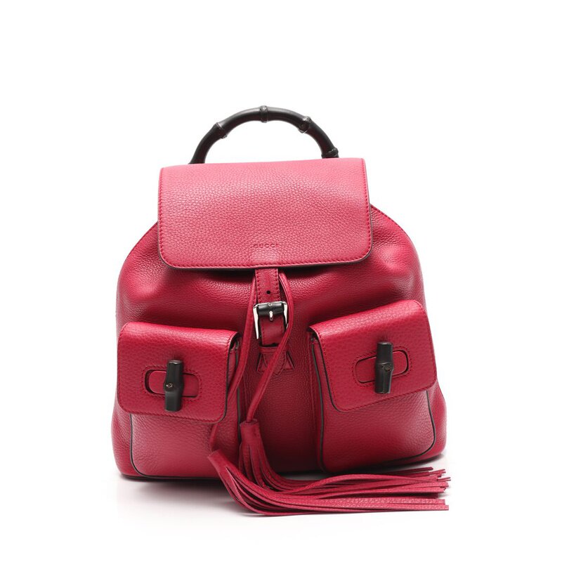 [即拍即得9.8新]古驰gucci女士竹节双肩背包真皮粉色流苏 407667