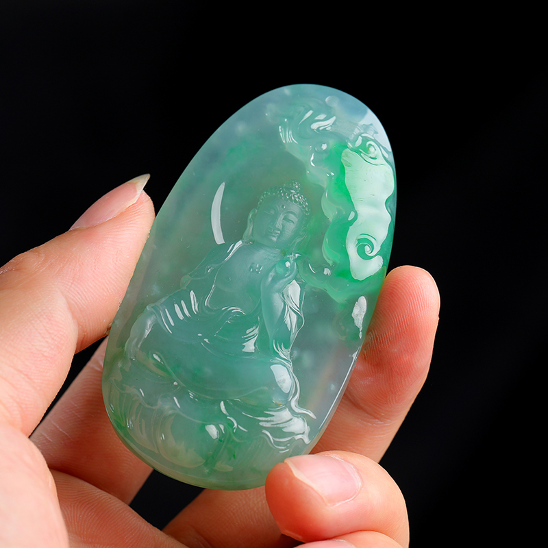 蒋红兵大师作品老坑冰种翡翠飘阳绿《阿弥陀佛》挂件带双证